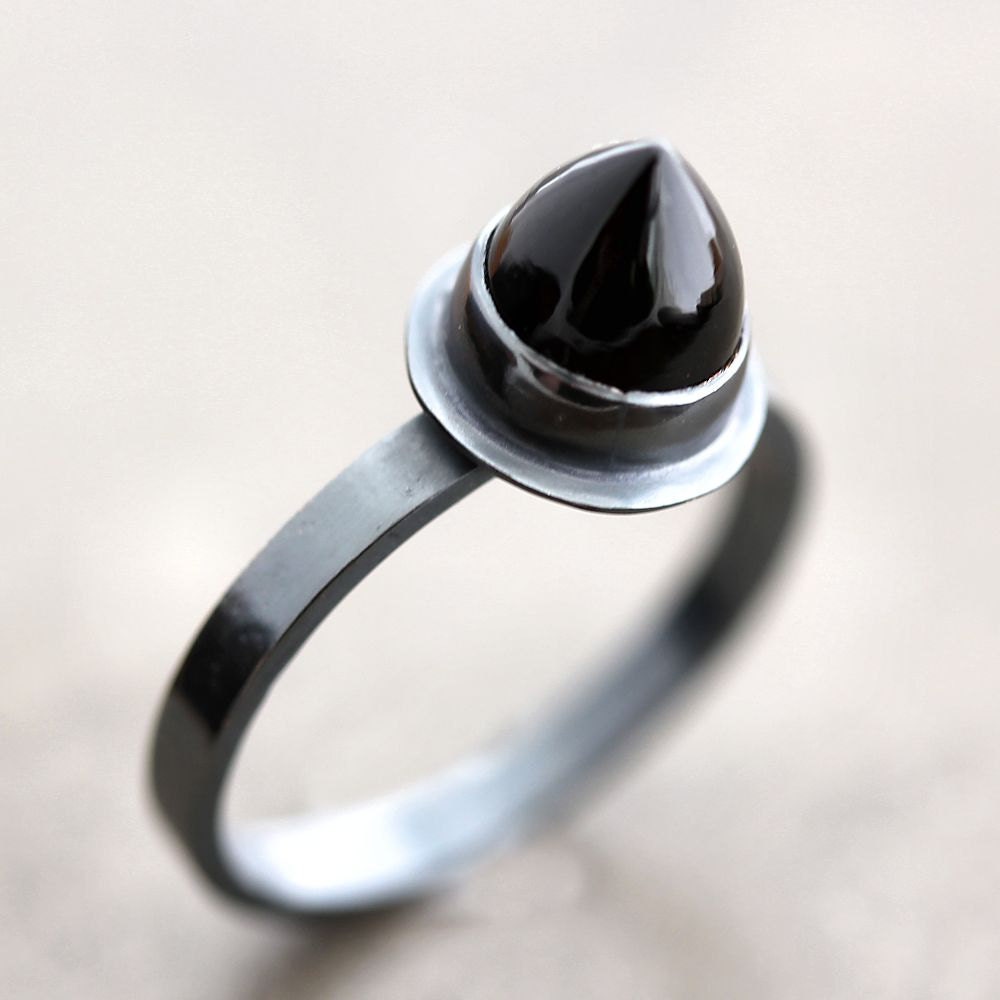 Black Spinel Bullet Ring, Raven Black Stone Oxidized Sterling Silver Ring - Made to Order