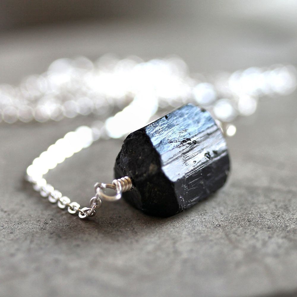 Raw Black Tourmaline Necklace, Simple, Minimalist Black Rough Crystal Stone Sterling Silver Necklace - Coal