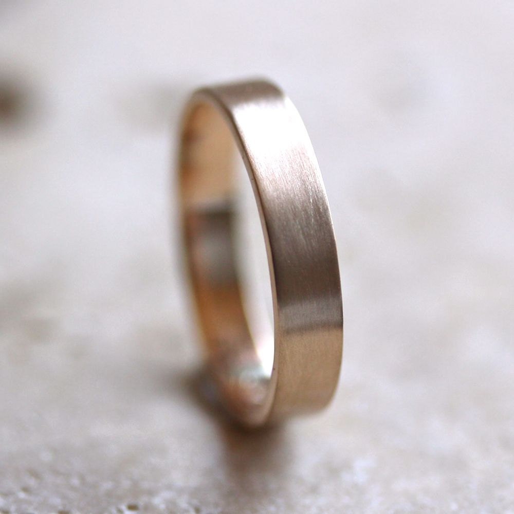 Mens' Gold Wedding Band, Unisex 4mm Brushed Flat 14k Recycled Yellow Gold Wedding Ring Gold Ring -  Made in Your Size