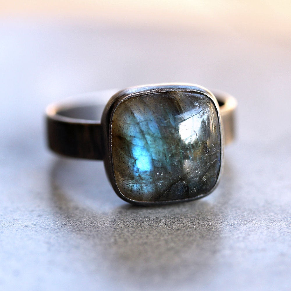 Labradorite Ring, Blue Flash Labradorite Oxidized Recycled Argentium Sterling Silver Ring - Size 9 is Ready to Ship - Eye Of The Storm