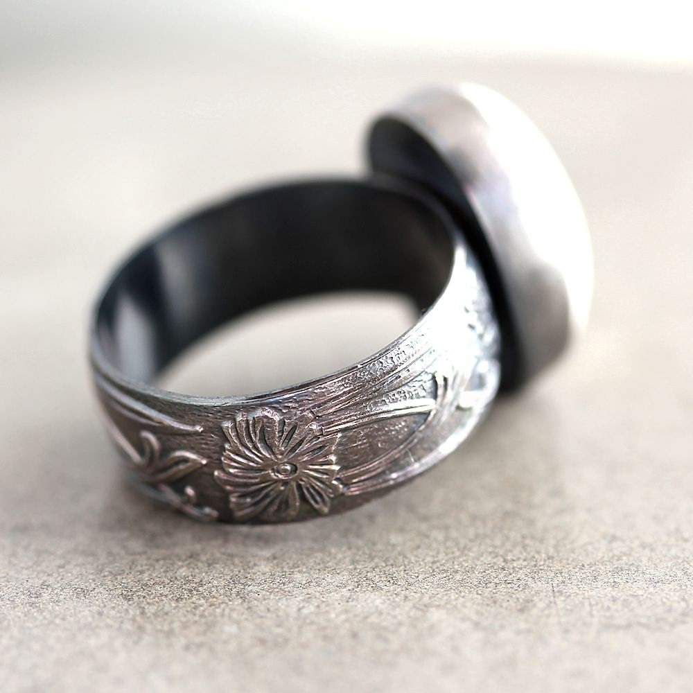 Moonstone Ring, Snow White Rainbow Moonstone Wide Band Oxidized Sterling Silver Ring Moonstone Jewelry  - Magick - Size 7