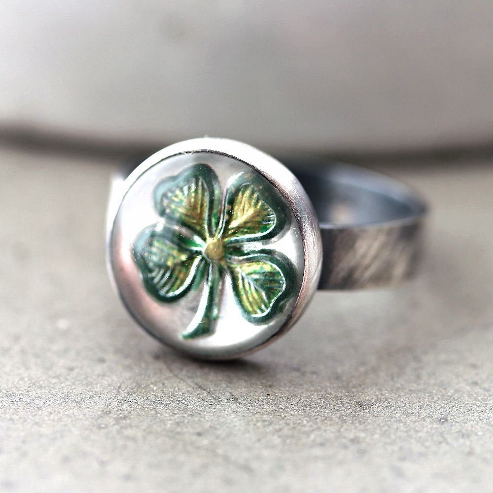 Shamrock Ring, Kelly Green Four Leaf Clover St. Patrick's Day Oxidized Sterling Silver Ring - Made in Your Size - Irish Lucky Charm