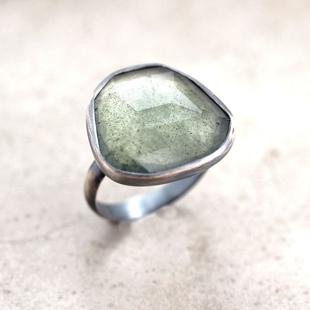 Moss Aquamarine Ring, Watery Sage Green Faceted Stone Oxidized Sterling Silver Ring March Birthstone Aquamarine Jewelry - Size 7 - Siren