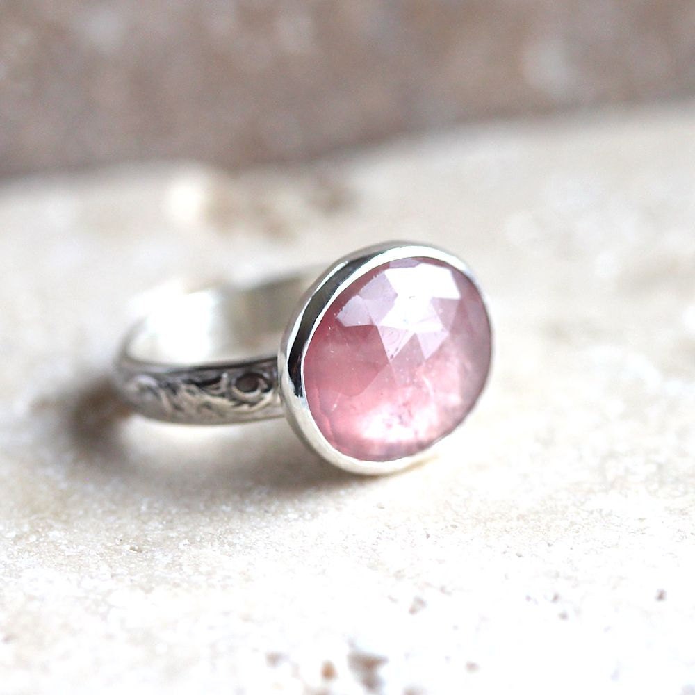 Pink Sapphire Ring Pastel Rose Peach Pink Faceted Stone Sterling Silver Engagement Ring Sapphire Jewelry Spring Fashion - Size 5.5
