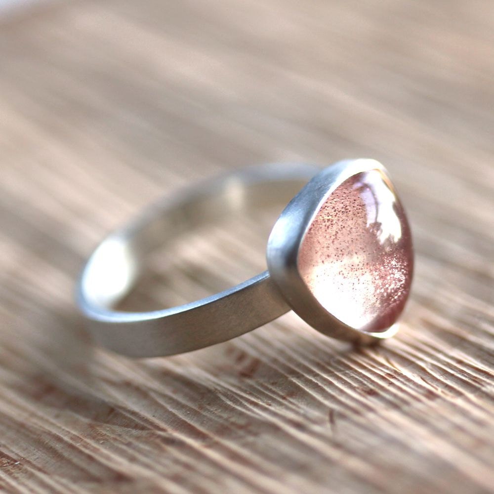 Oregon Sunstone Ring, Apricot Peach Pink Triangle Gemstone Sterling Silver Ring Summer Fashion Sunstone Jewelry - Size 6.5 - Firefly