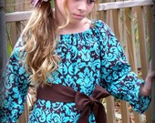 Custom Boutique Clothing Girls Dress Blue and Brown Damask Holiday or Special Occasion Peasant Dress, Size 3mos-8yr