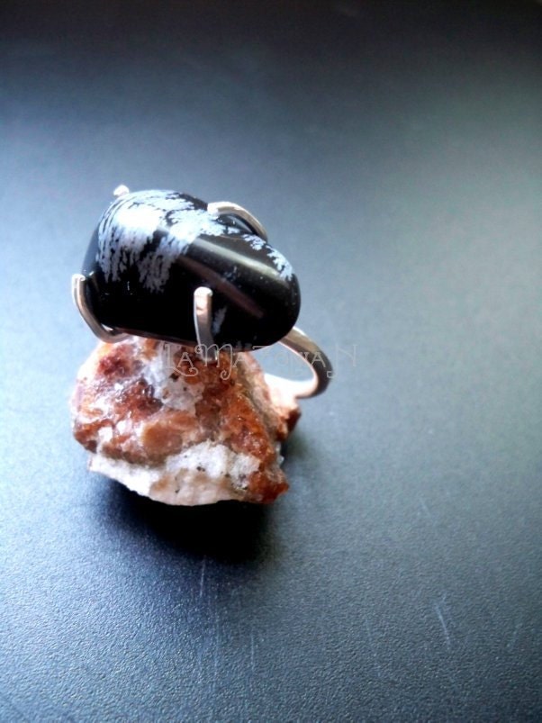 Sterling silver snowflake obsidian adjustable ring - tumbled gemstone - size 6-8 - gemstone jewelry by Lamazonian