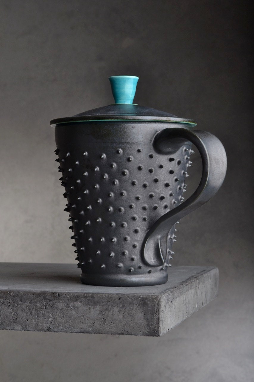 Lidded Spiky Mug: Made To Order Black and Blue Lidded Dangerously Spiky Mug by Symmetrical Pottery