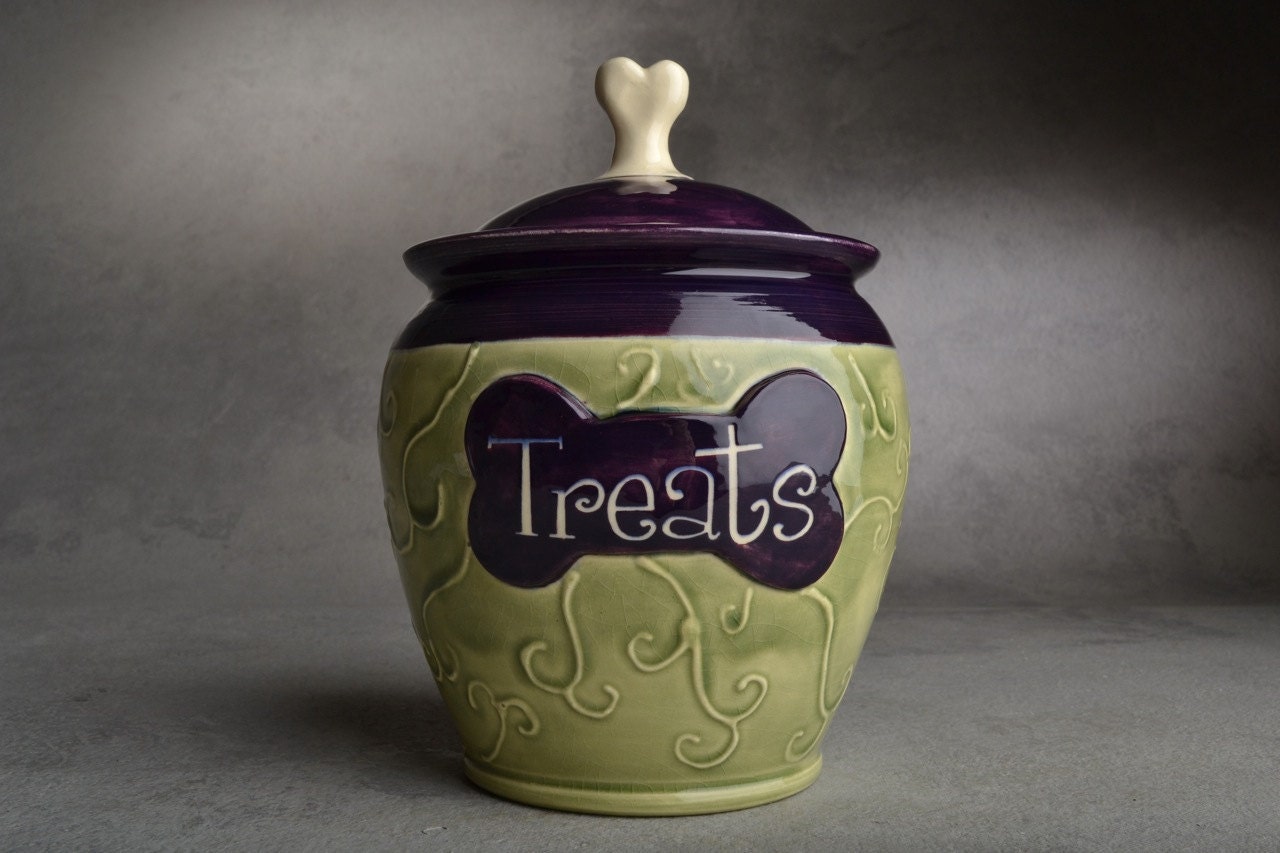 Dog Treat Jar: "Treats" Green and Purple by Symmetrical Pottery Made To Order