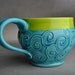 Curly Mug: Caribbean Blue and Neon Green Slip Trailed Mug by Symmetrical Pottery