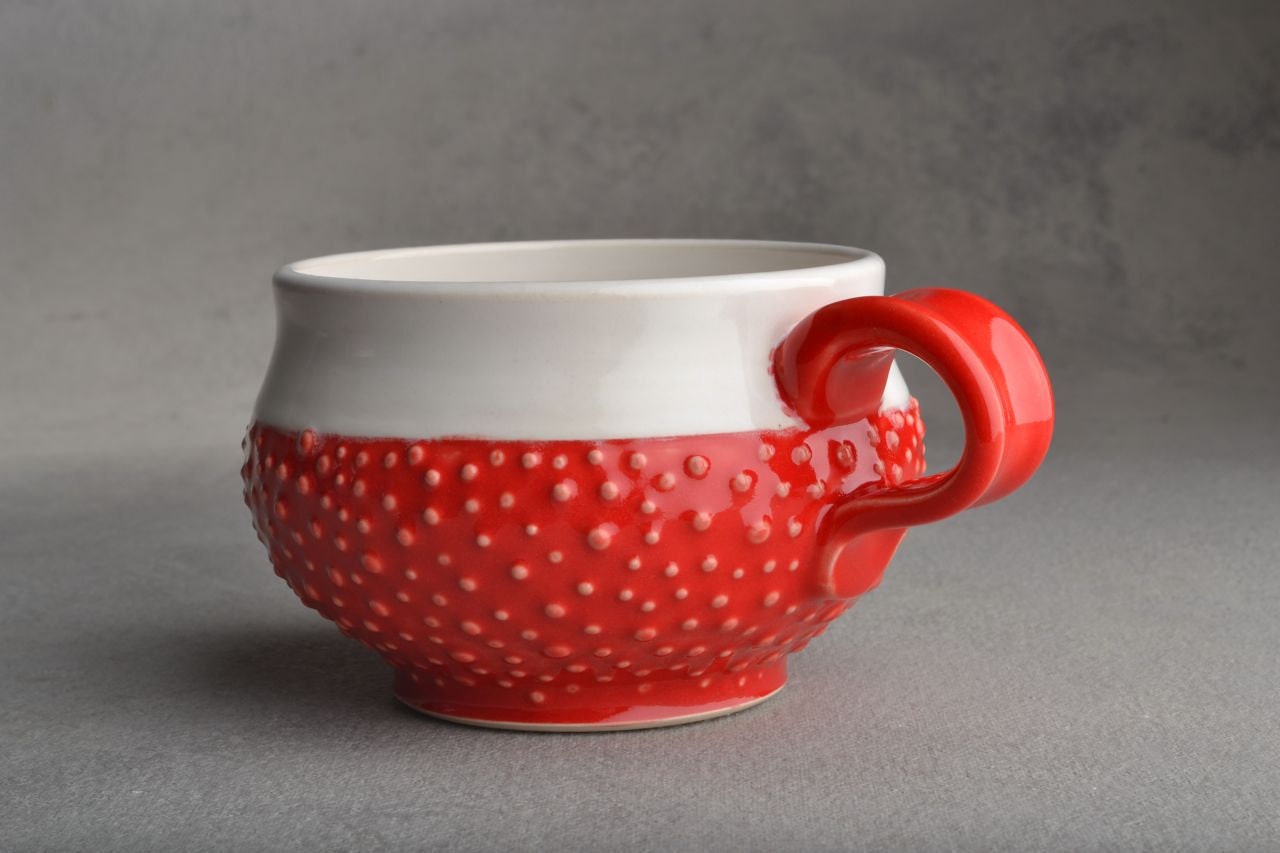 Dottie Mug: Red Stoneware Dottie Soup Cocoa Mug by Symmetrical Pottery