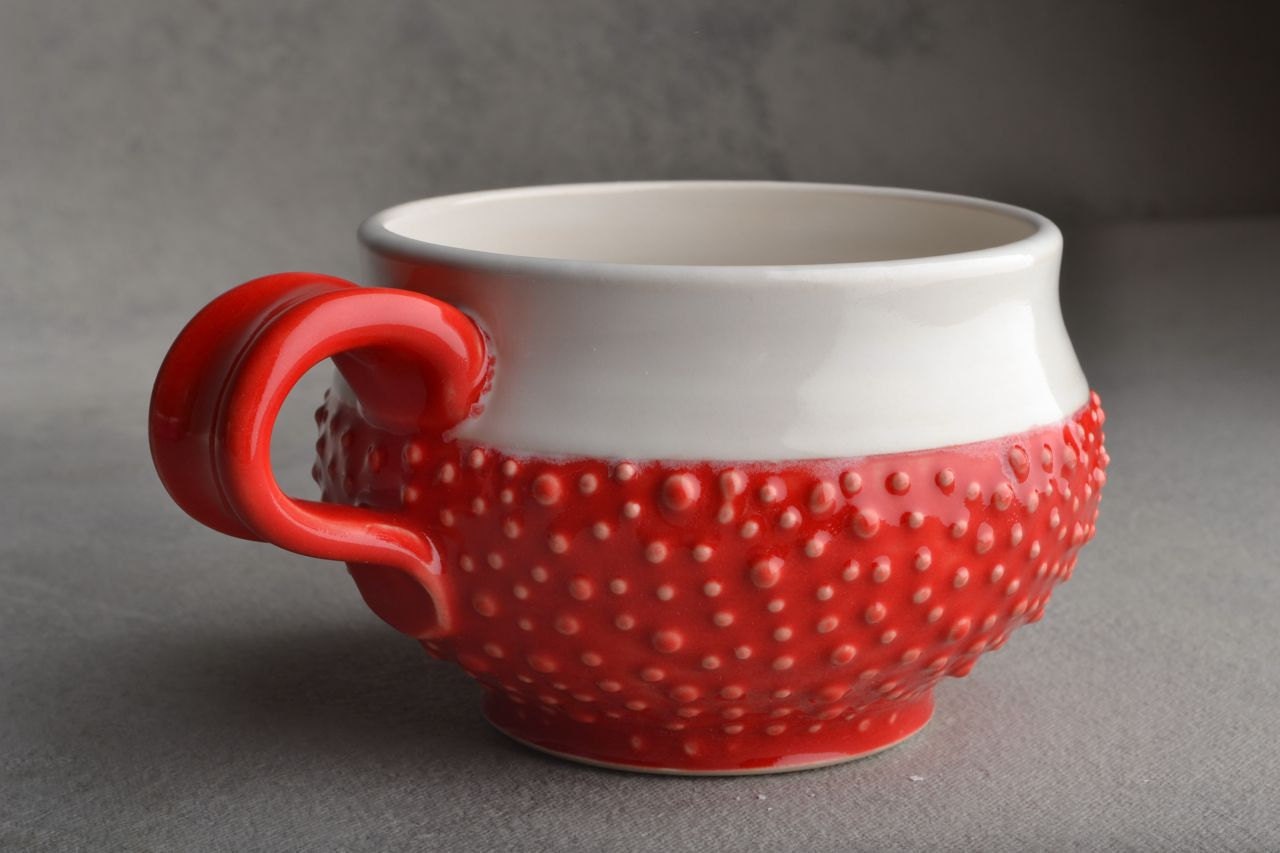 Dottie Mug: Red Stoneware Dottie Soup Cocoa Mug by Symmetrical Pottery