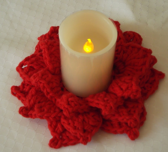 Red Flameless Crochet Candle Holder Candle Included
