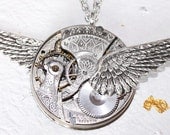 Steampunk Necklace - Incredible Wing 111 Yrs Old Spade GUILLOCHE ETCHED WALTHAM Antique Pocket Watch Movement Silver Men Steampunk Necklace