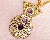 Steampunk Necklace: Highly Ornate 1760-1830 English Antique Pocket Watch Gold Hand-Pierced VERGE FUSEE & Amethyst Swarovski Gift