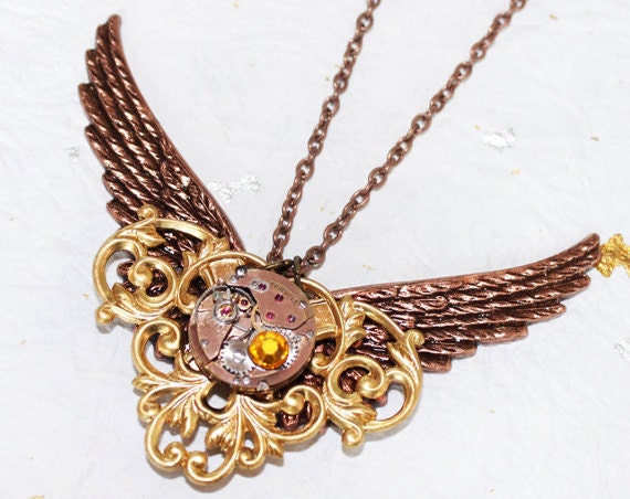 Steampunk Necklace - STRIKING Wings with Victorian Vines - Exquisite Gold Vintage Watch Movement Steampunk Necklace / Anniversary Gift