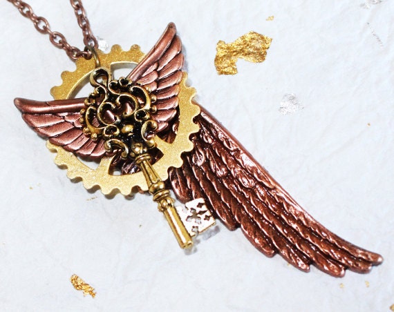 Steampunk Necklace Jewelry - STARTLING Copper Wing Gear & Victorian Key Men Steampunk Necklace - The Latest Steampunk Fashion - Gift