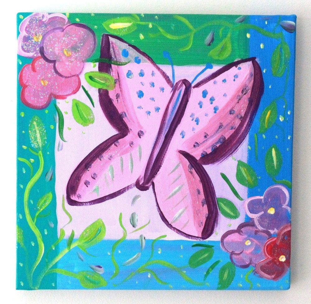 Butterfly Painting, Girls Bedroom Decor, Room Decoration, Acrylic Canvas 10 x 10 Inches on Bright Rose Creations
