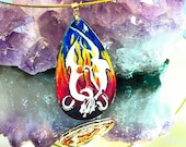 Fire drake wood pendant, gold bail, golden steel neckwire HAND PAINTED OOAK
