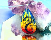 Fire dragon wood pendant with silver bail sky blue steel neckwire HAND PAINTED OOAK