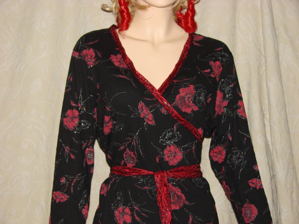 Kimono Wrap Around Long Sleeve Blouse Shirt Black Red Roses Shiny Silver Glitter Upcycled Reconstructed Recycled top 1xl-2xl Plus size