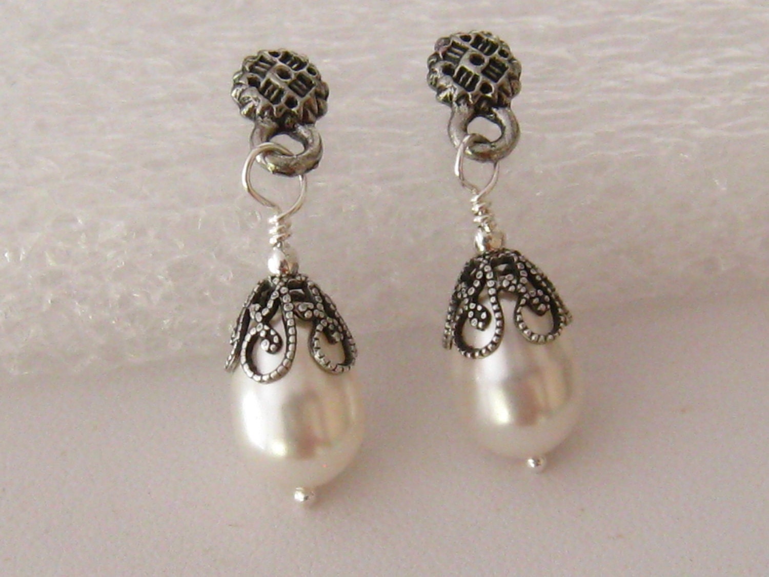 Pearl Bridal Earrings: Antiqued Silver Victorian Filigree and White Pearl Earrings Bridesmaids Gift Bridal Wedding Jewelry Graduation Gift