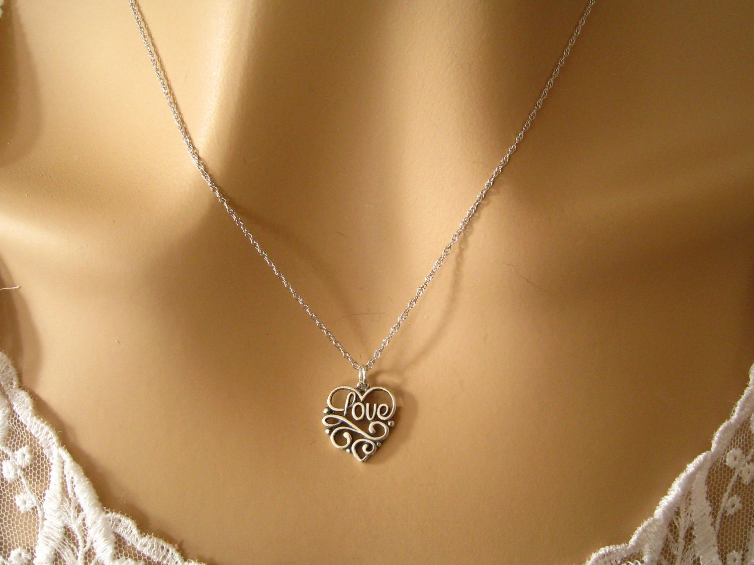 Heart Love Necklace, Romantic Sterling Silver Love Necklace, Love Heart Charm Necklace, Cursive Love, Bridal Shower Engagement Necklace
