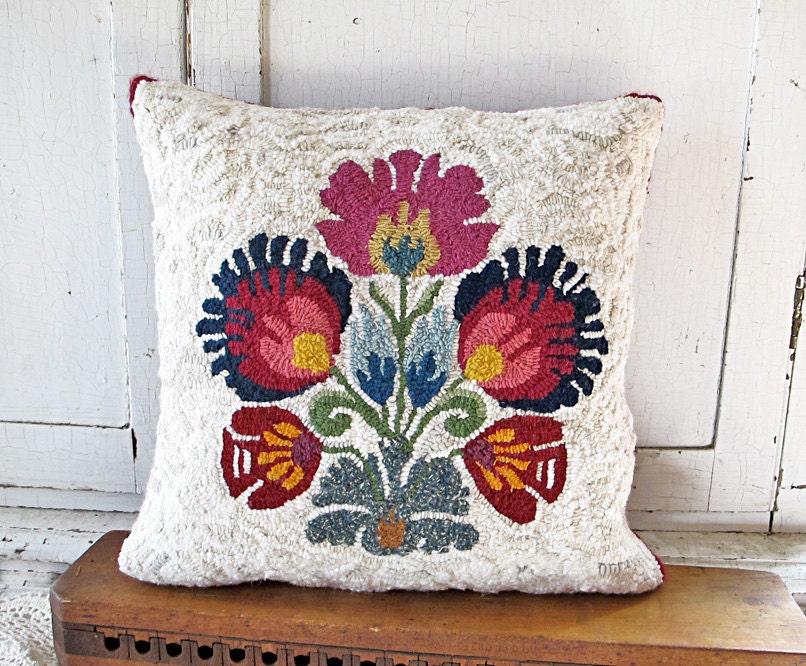 Hooked Scandinavian Eastern European Floral Pillow Eco Friendly