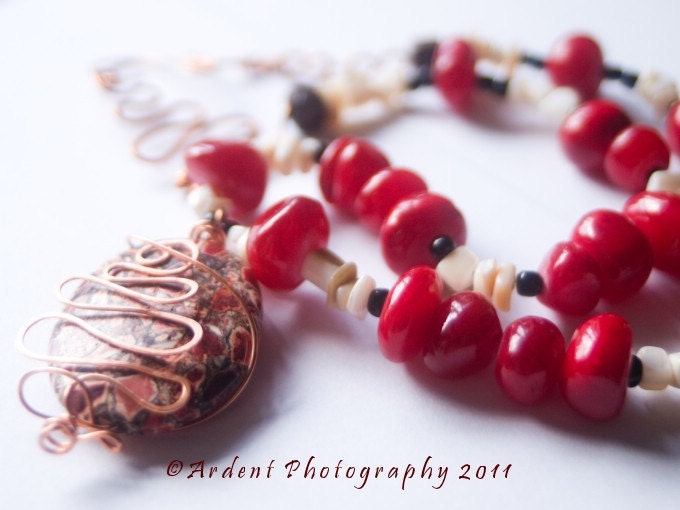 Red and White Chunky Statement Necklace with Jade, Mother of Pearl , a a wire wrapped mosaic Turquoise Pendant - Cherry Sweets - Art Jewelry