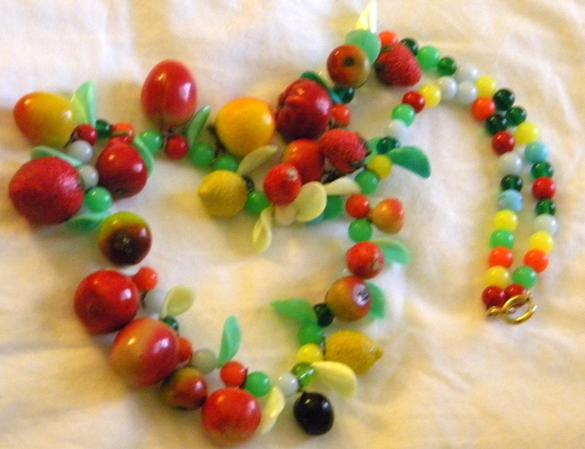 Xtra Long and Large Vintage fruit salad fake fruit multi media necklace