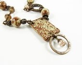 Olive Green Brown Antique Brass Necklace