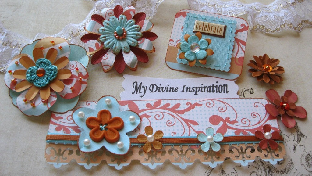 Aqua Orange and White Scrapbook Embellishment Kit