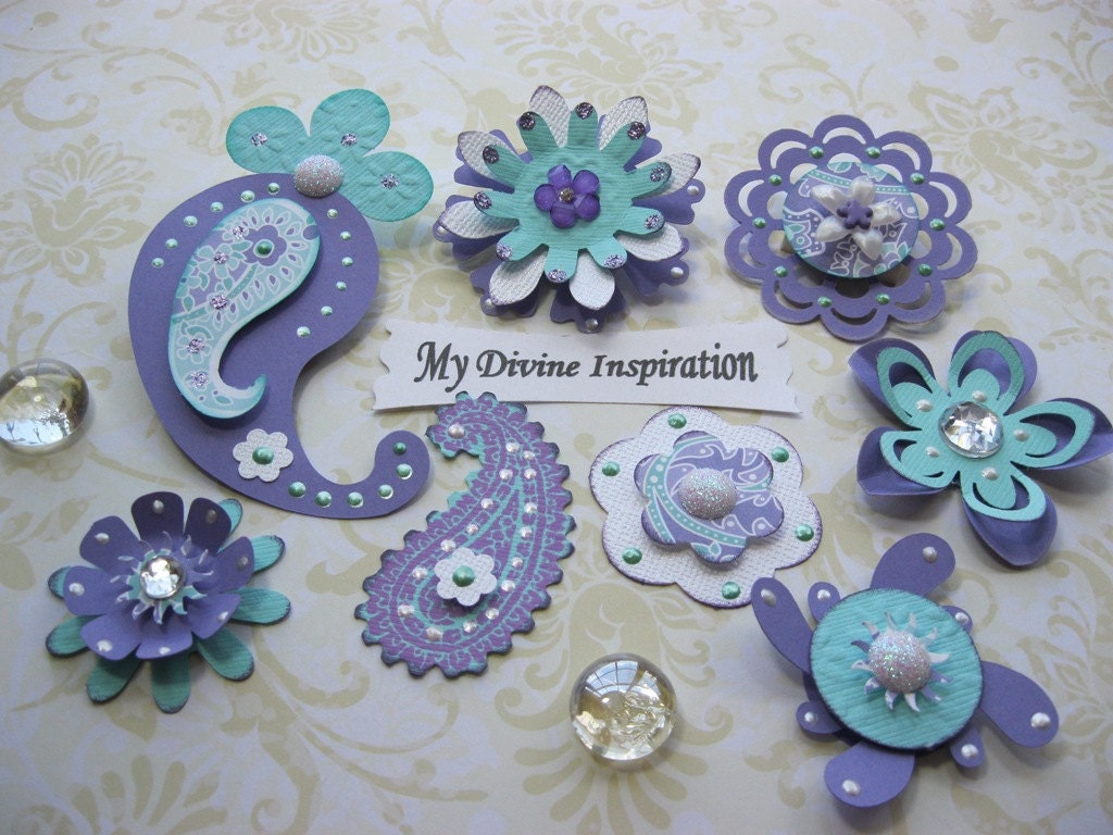 Purple and Light Emerald Green Paisley Scrapbook Paper Embellishments and Paper Flowers