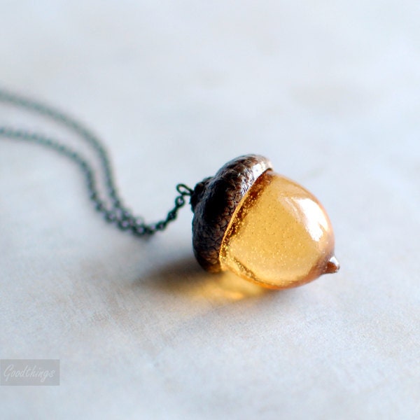 Woodland Amber Acorn Autumn Necklace.Fall jewelry- botanical resin jewelry