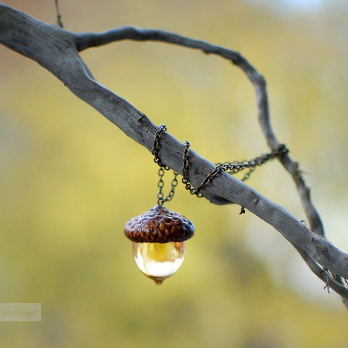 Woodland Amber Acorn Autumn Necklace.Fall jewelry- botanical resin jewelry