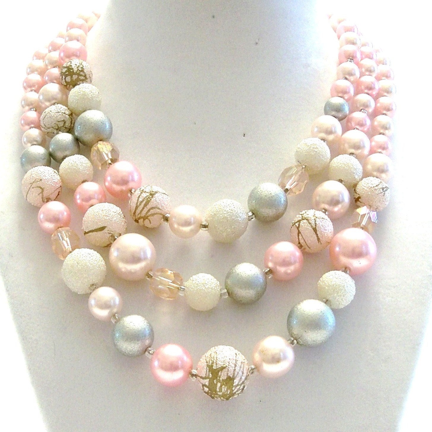 Vintage Mad Men Necklace  1960s 3 Strands Pink Gray Faux Pearls Frosted Faceted Beads
