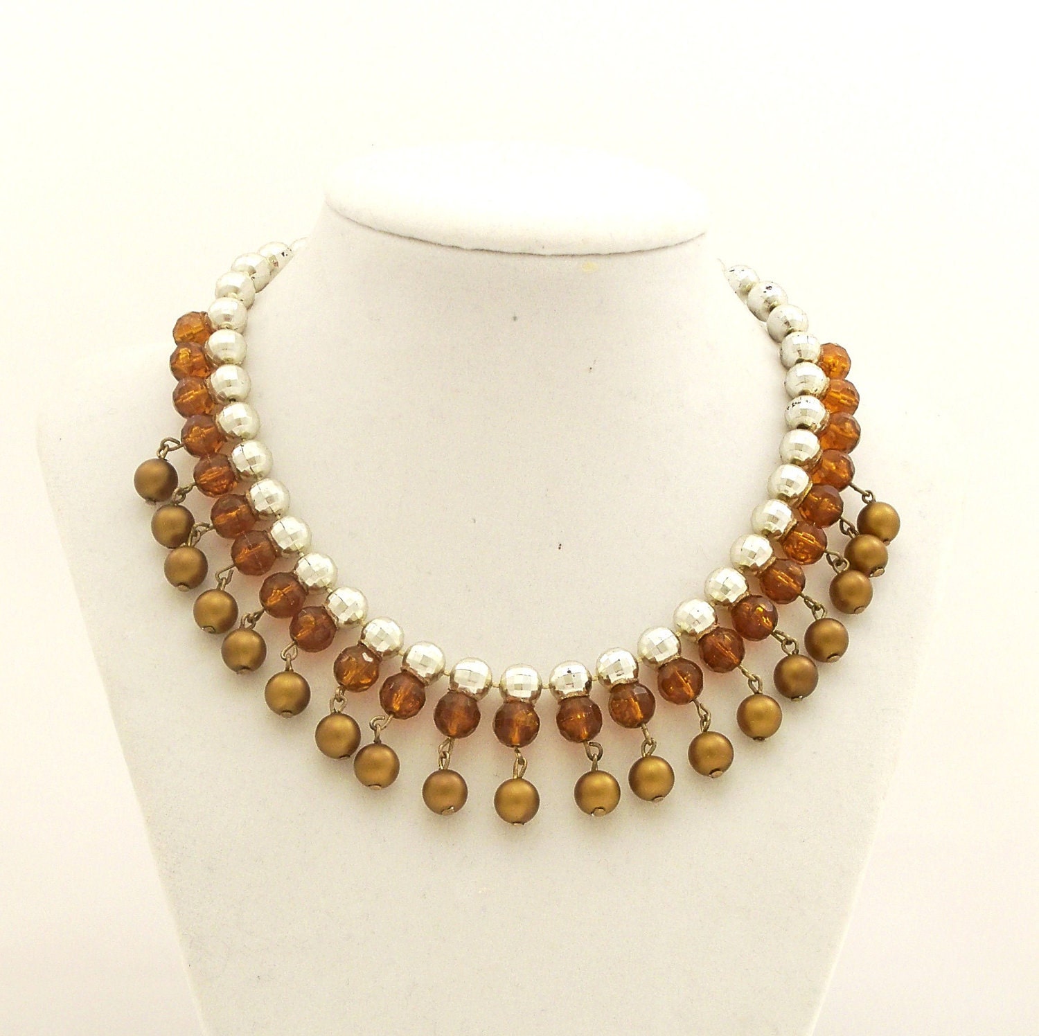 RESERVED Vintage Fringe Necklace 1950s Bib Bronze Brown Rootbeer Silver