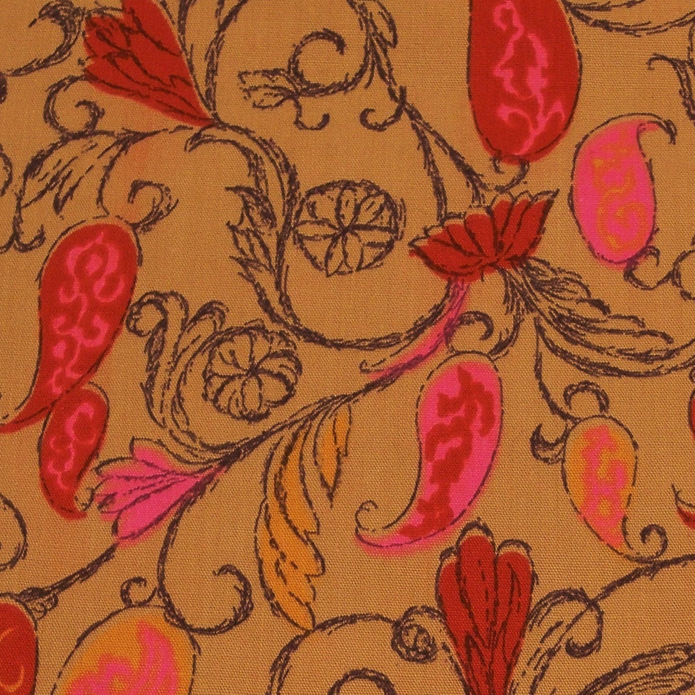 Vintage 60s Fabric 2.5 yds Mod Paisley Hot Pink Dark Red Coffee Tangerine