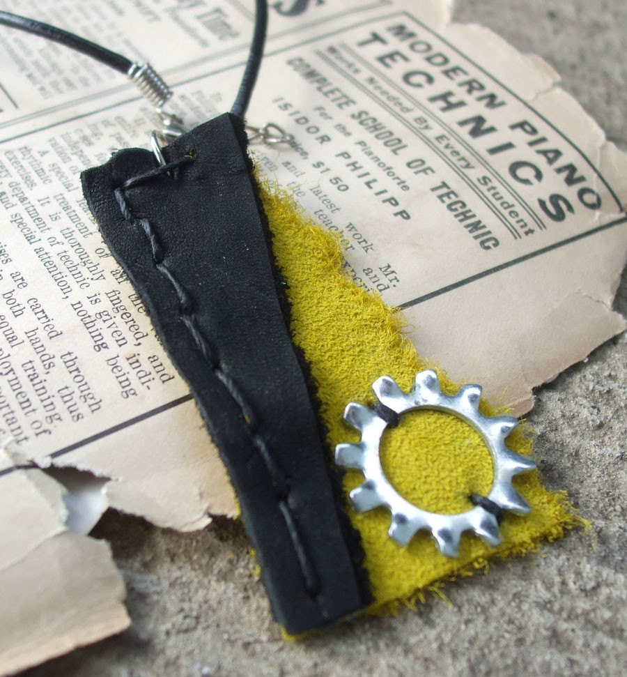 Steampunk Leather and Metal Necklace or Keychain - rough bright yellow suede and metal cog or gear