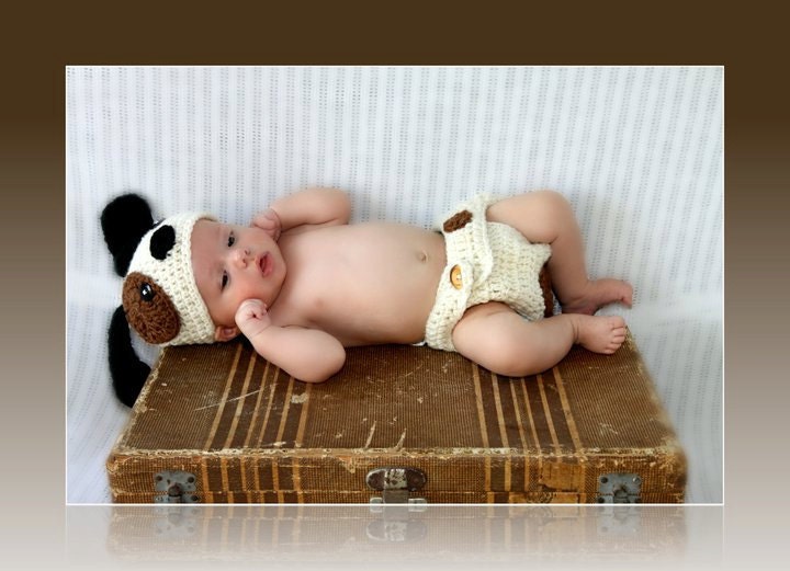 043 Puppy Dog Newborn Baby Crochet Hat and Diaper. Great for Photo Prop