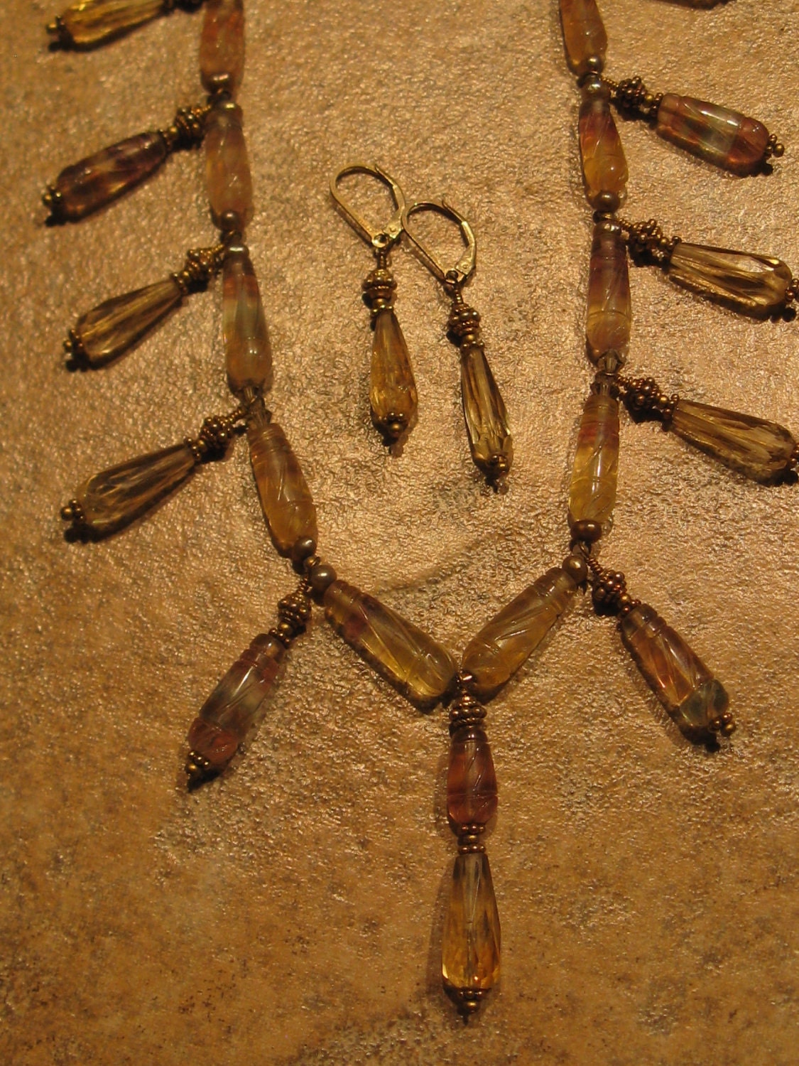 Carved & Faceted Gemstone Necklace with Matching Earrings