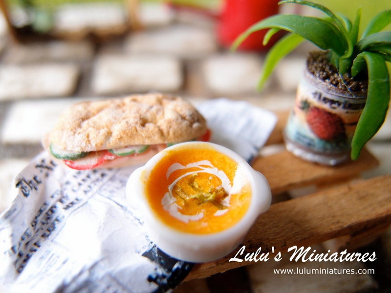 Miniature Sandwich and Pumpkin Soup Set - 1/12 Scale Dollhouse Food