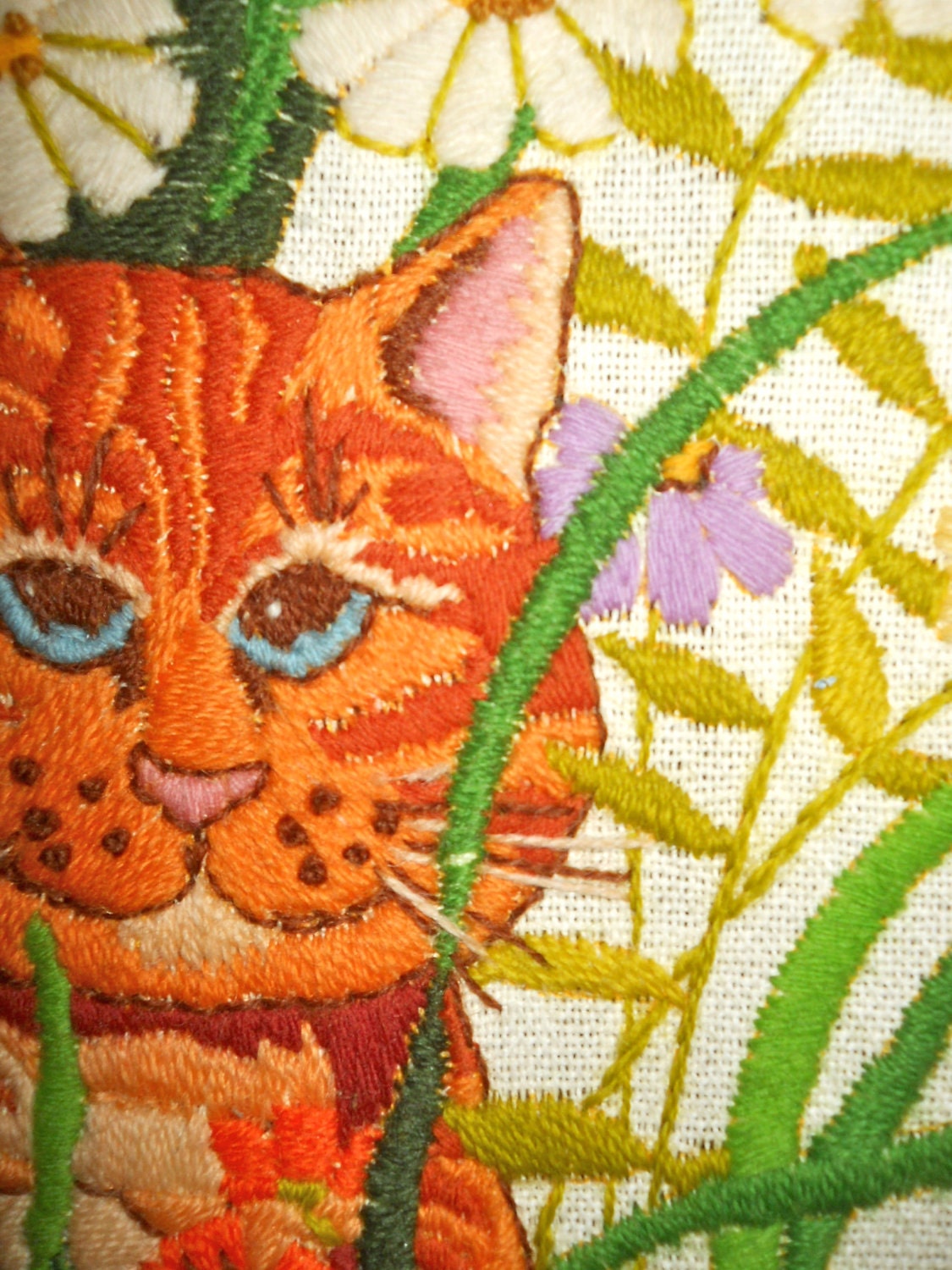 Vintage Cat and Floral Embroidery Crewel Art 1970s by ModDom