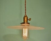 Vintage Industrial Hanging Light - Machine Age Minimalist Bare Bulb Pendant Lamp, Flat Opal Shade