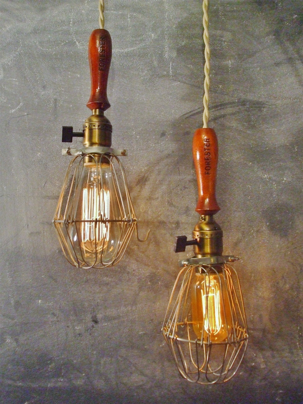 DOUBLE TROUBLE -- Set of 2 Vintage Industrial Trouble Lights - Machine Age Minimalist Pendant Cage Lamp