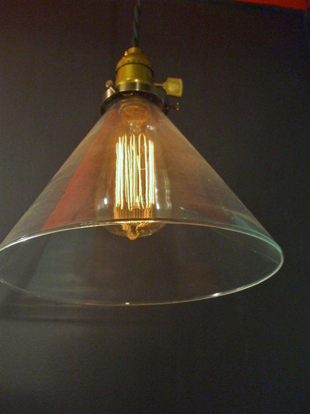 Vintage Industrial Hanging Light with Glass Cone Shade - Machine Age Minimalist Bare Bulb Pendant Lamp