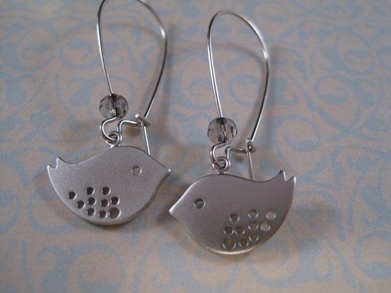 Bird Earrings, Sparrow Earrings, Twitter Bird Earrings, Modern Silver Bird Earrings, Sweet Silver Lovebirds and Crystals on Kidney Ear Wires