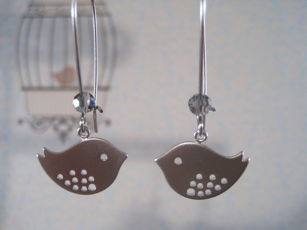 Bird Earrings, Sparrow Earrings, Twitter Bird Earrings, Modern Silver Bird Earrings, Sweet Silver Lovebirds and Crystals on Kidney Ear Wires