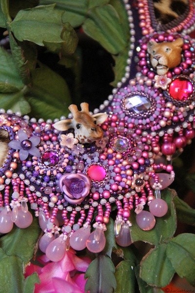 Wild animals bead embroidered necklace.