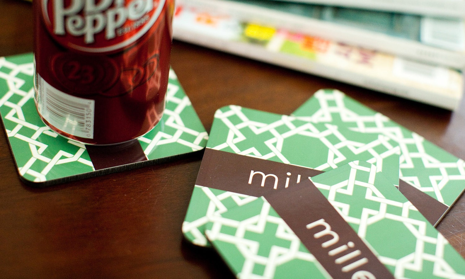 monogrammed coasters - choose one of 6 preset designs, customize name/initials only -  set of 4 (all exactly same)